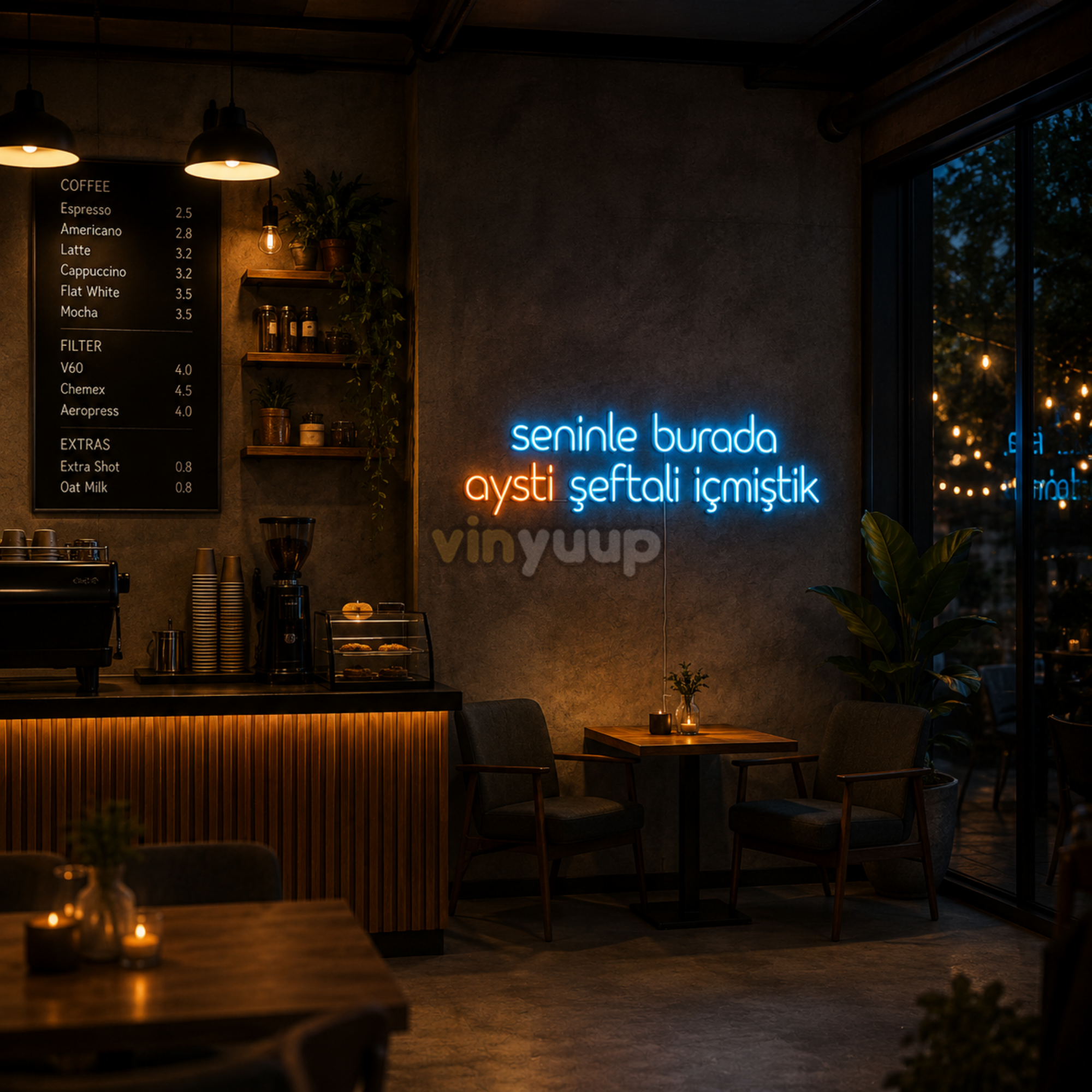 Vinyuup Seninle Burada Aysti Şeftali İçmiştik - Dekoratif Neon Led Yazı Tabela