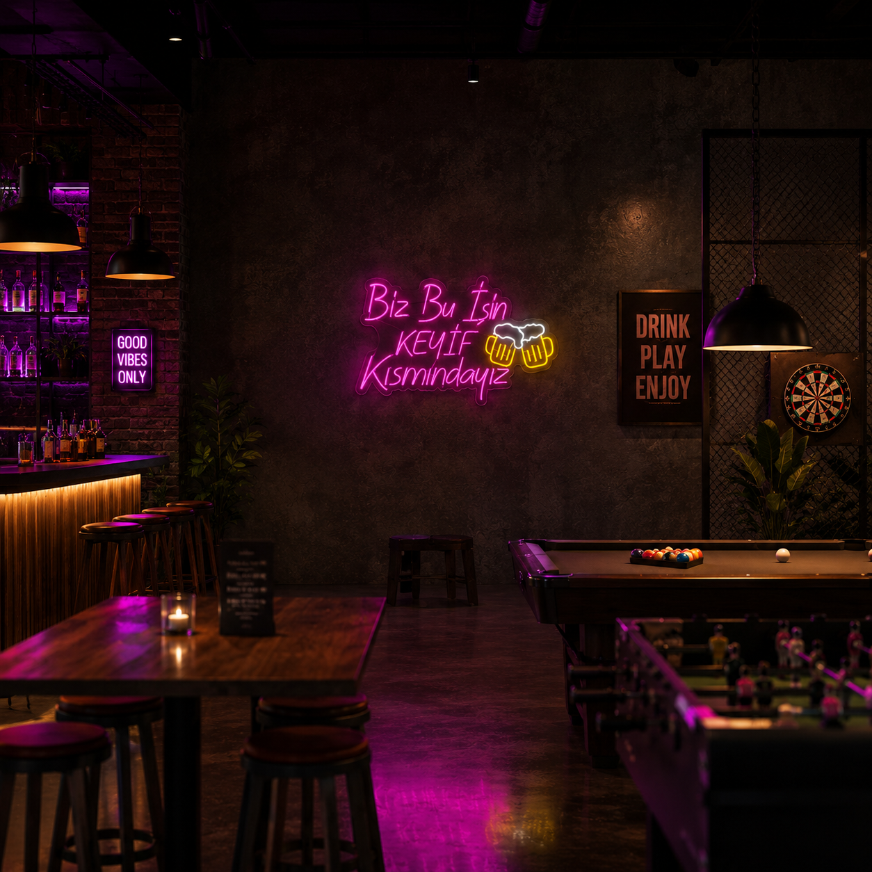 Vinyuup Biz Bu İşin Keyif Kısmındayız! - Dekoratif Neon Led Yazı Tabela