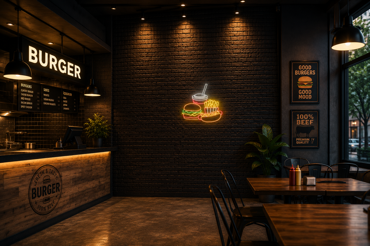 Vinyuup Hamburger Hotdog Menü - Dekoratif Neon Led Yazı Tabela