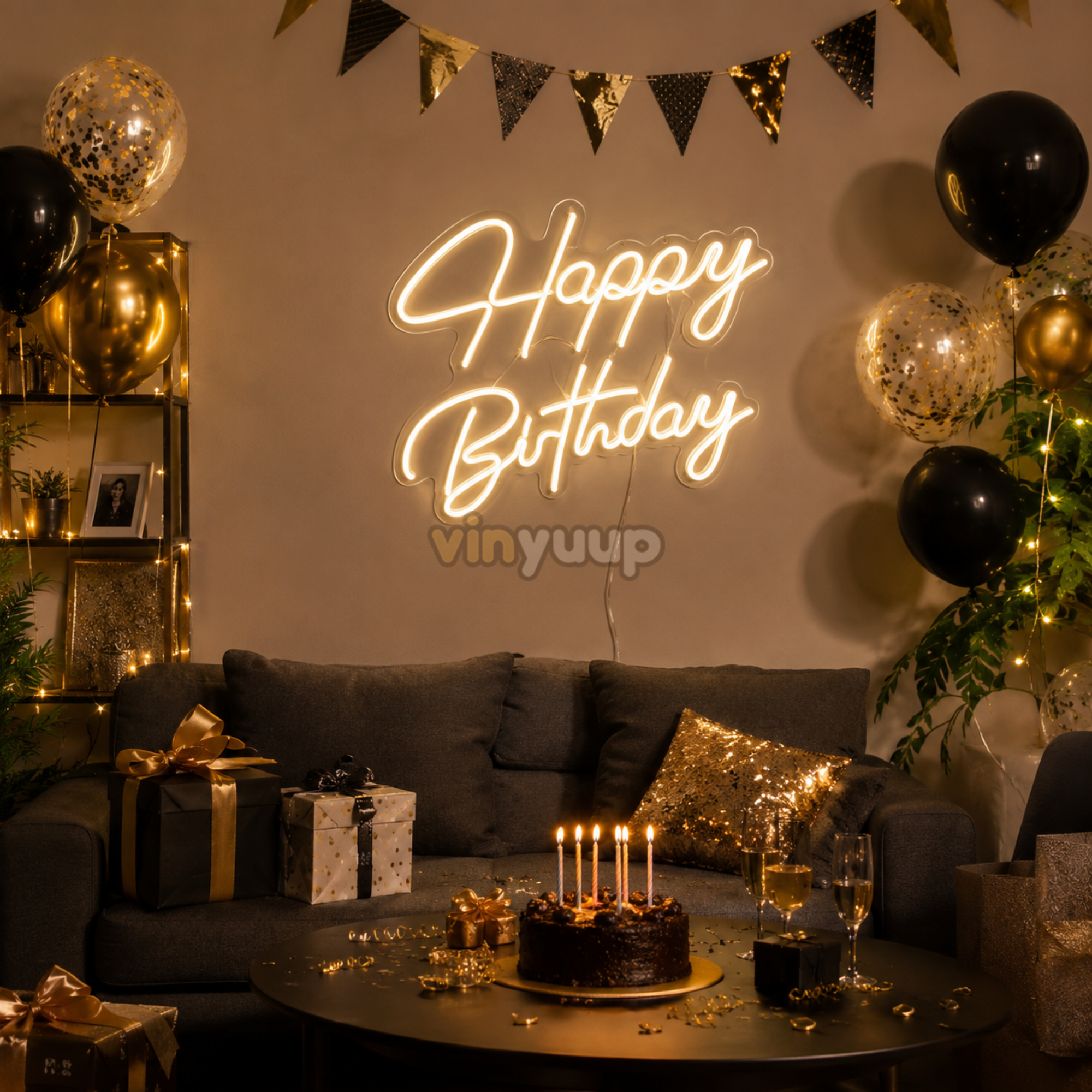 Vinyuup Happy Birthday - Dekoratif Neon Led Yazı Tabela