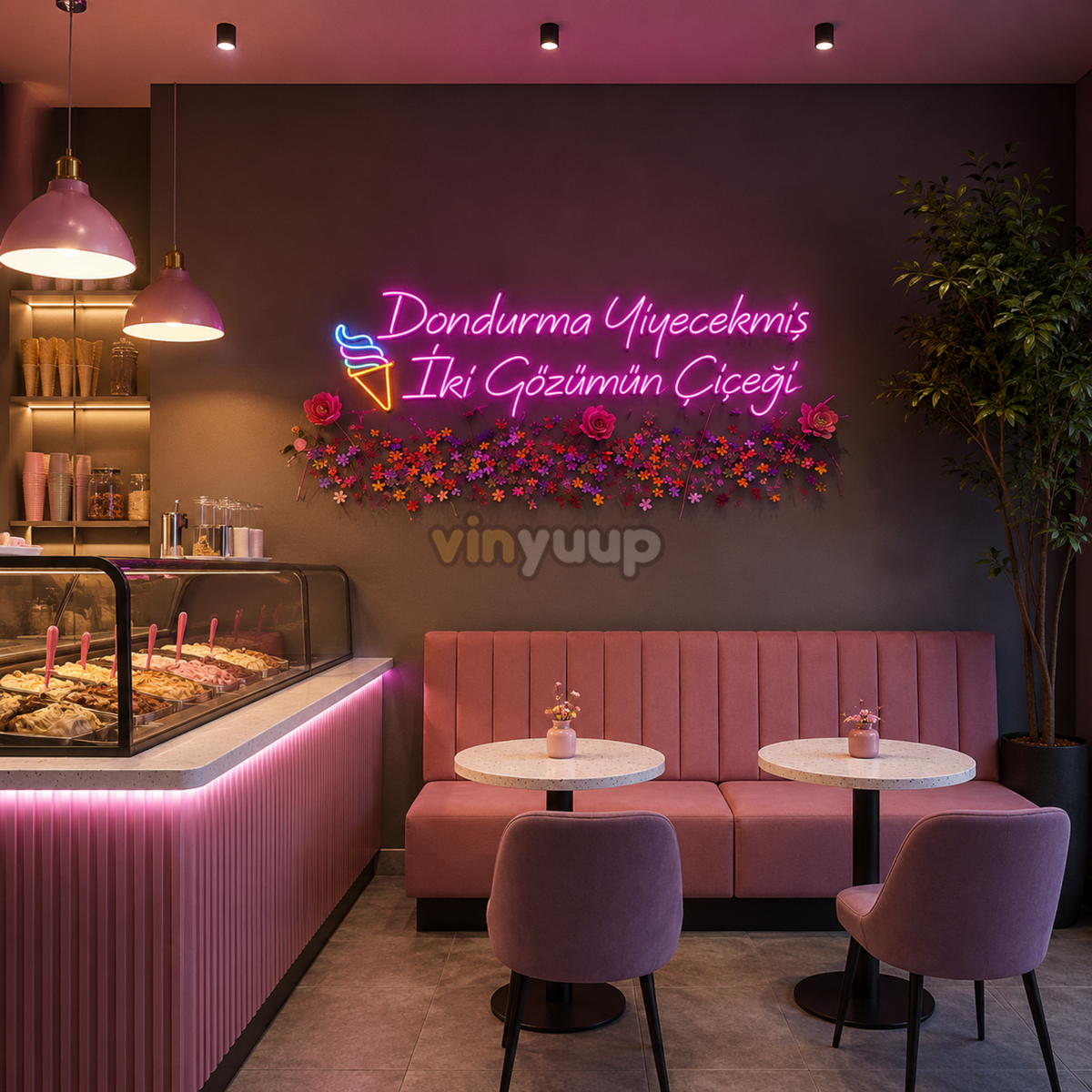 Vinyuup Dondurma Yiyecekmiş İki Gözümün Çiçeği - Dekoratif Neon Led Yazı Tabela