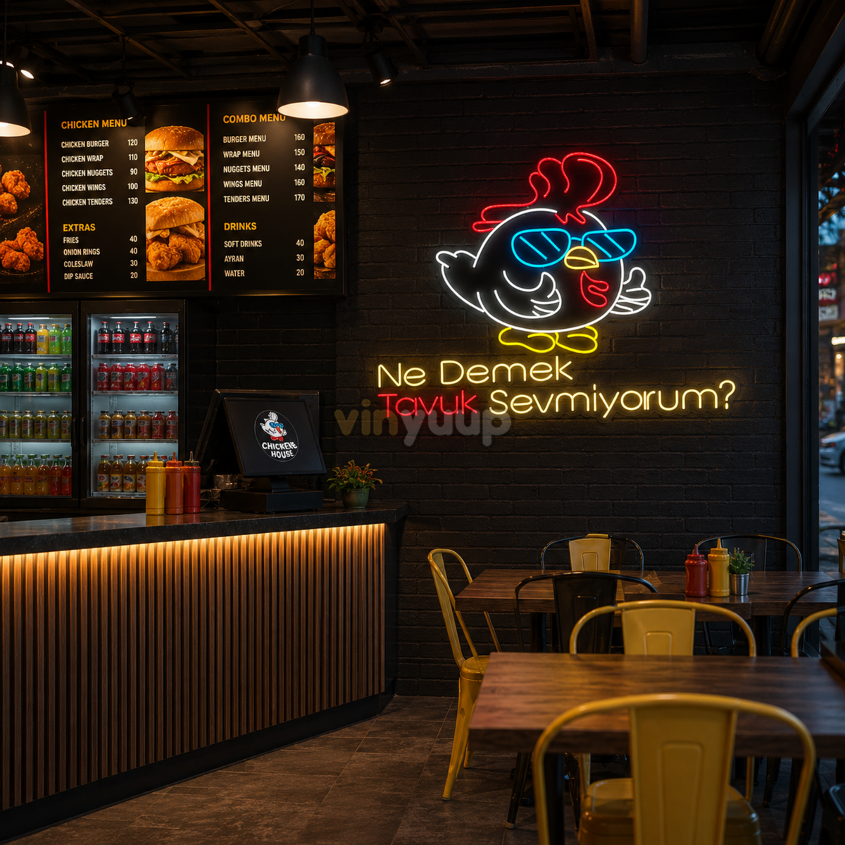Vinyuup Ne Demek Tavuk Sevmiyorum - Dekoratif Neon Led Yazı Tabela