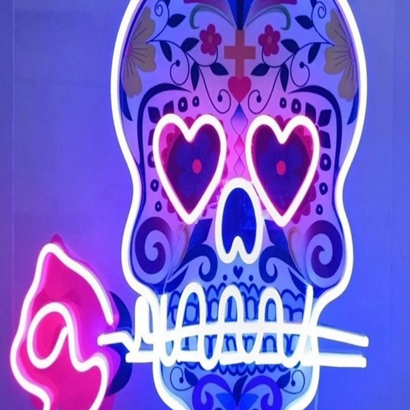 Güllü Kuru Kafa Neon Led Işıklı Tablo